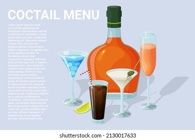 Cocktail menu.Alcoholic beverages in glasses and glasses.Daiquiri, martini, margarita, cosmopolitan, Long Island, blue lagoon and Pina colada.Vector illustration.