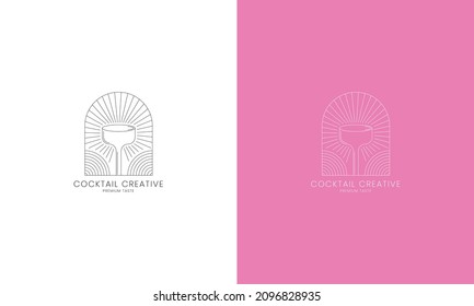 Cocktail minimal vector  logo. Boho style illustration. Elegants, party and wine symbol.