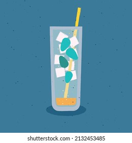 Cocktail with mint and ice. Vector flat illustration