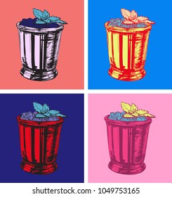 Cocktail Mint Julep for the Derby Hand Drawing Vector Illustration Alcoholic Drink. Modern art. Andy Warhol