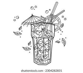 cocktail mochito black and white color, coloring page ,vector hand -drawing illustration 