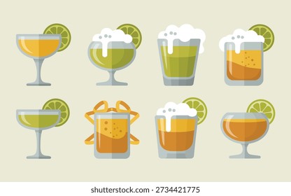Cóctel y Vector de vidrio de cóctel conjunto con guarnición de lima, bebidas espumosas, iconos de hora feliz para la invitación de fiesta, diseño de menú de bar