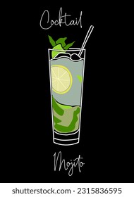 Cocktail Mojito, alcoholic drink in glass. Colorful vector illustrations isolated on black background. Modern hand-drawn design for bar, cafe, restaurant menu design, party invitations