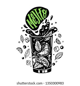Cocktail mojito in black & white color with ingredients and splashes