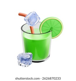 Cocktail mojito drink glass cartoon 3d with ice cubes. Lime slice on drinking glass of alcohol drink, citrus beverage, summer icon isolated on white background