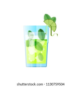 Cocktail mojito in flat style for menu, cocktail cards. Mojito Contemporary Classic cocktail. Longdrink. Fresh lemonad soda summer drink.