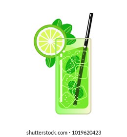 Cocktail mojito in a glass. Ice cubes, straw, lemon and mint. Style is flat. Vector.