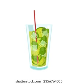 Mojito de cóctel en ilustración vectorial de vidrio. Caricatura aislada taza con alcohol verde de verano, bebida y cubos de hielo y paja de bebida, bebida tropical fresca para la fiesta de la piscina de la playa en el bar.