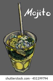 Cocktail Mojito with ice and a straw