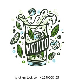 Cocktail mojito with ingredients and splashes in doodle style