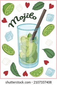 Cocktail mojito with lime, mint and ice cubes. Colorful poster. Vector illustration.