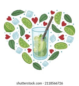 Cocktail mojito with lime, mint and ice cubes. Heart. Vector illustration.