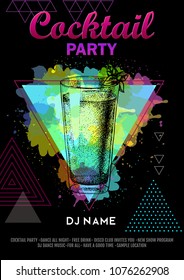 Cocktail mojito on artistic polygon watercolor background. Cocktail disco party poster