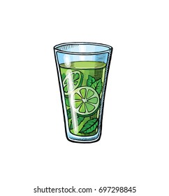 Cocktail mojito patch badge. Hand drawing alcoholic cocktail illustration. Vintage cocktail icon with ice, limes and leaves of mint, beverage for bar or pub menu