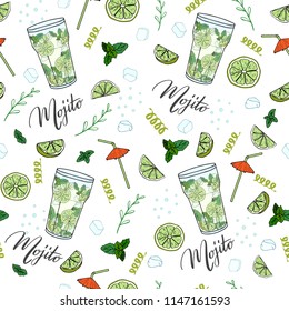Cocktail Mojito. Seamless pattern with hand drawn glass of fresh cocktail, straw, lime, ice, decor elements. Vector summer illustration for design, Website, Background, Banner, Menu, Template, Print.