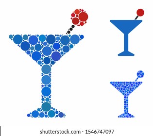 Cocktail mosaic of filled circles in different sizes and color tones, based on cocktail icon. Vector filled circles are combined into blue composition. Dotted cocktail icon in usual and blue versions.