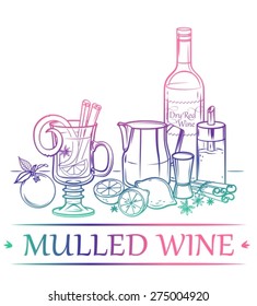 Cocktail Mulled Wine with ingredients ( red dry wine, orange, sugar, lemon, cinnamon sticks, cloves ) and barman's instruments