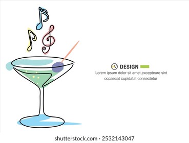 coquetel com nota de música. Vetor uma linha. Logótipo minimalista de um estabelecimento alcoólico. Logo para um bar, loja, restaurante. Vidro Martini decorado com partituras e as palavras "bar de música".