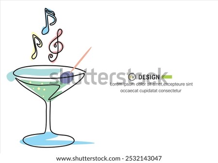 cocktail with music note. Vector one line. Minimalistic logo of an alcoholic establishment. Logo for a bar, shop, restaurant. Martini glass decorated with sheet music and the words 