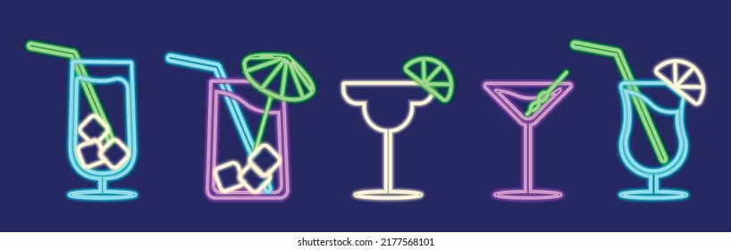 Cocktail Neon Design Element. Glasses with drink. Cocktail Bar, Pub. Popular Alcoholic beverage. Vector illustration