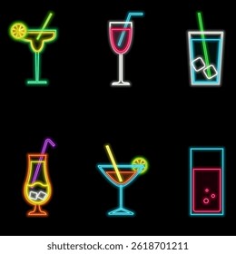 Cocktail neon emblem set. Vector illustration. Neon sign for banner, billboard, promotion or advertisement. neon drinks..
