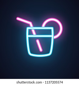 Cocktail neon icon. Drink in glass with slice of lemon and straw. Alcohol shot. Illuminated concept label for parties, events, bar, restaurant, cafe. Vector illustration isolated on black