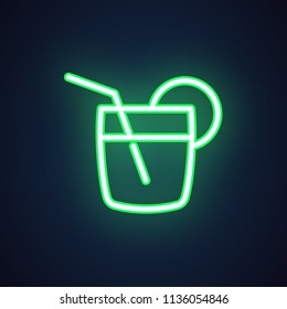 Cocktail neon icon in linear design. Drink in glass with slice of lemon and straw. Illuminated concept label for parties, disco, events, bar, restaurant, cafe. Vector illustration isolated