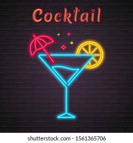 Cocktail Neon Light Glowing Vector Illustration. Lemon and Umbrella Icon Element  Neon Bright Glowing