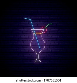 Cocktail neon sign. Cocktail bar bright light emblem isolated on dark brick wall background. Neon signboard. Stock vector illustration.