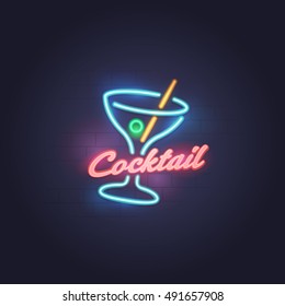 Cocktail neon sign, bright signboard, light banner. Cocktail logo, emblem