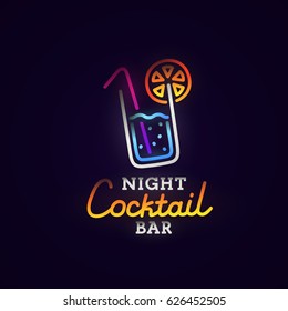 Cocktail neon sign, bright signboard, light banner. Cocktail logo, emblem