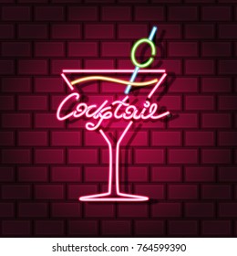 Cocktail neon sign. Neon sign, bright signboard, light banner. Vector icons