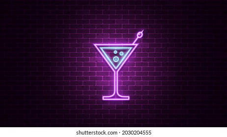 Cocktail neon sign. Glowing neon signboard. Vector Illustration.