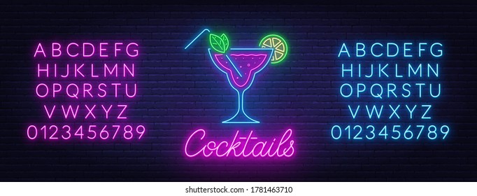 Cocktail neon sign on brick wall background.