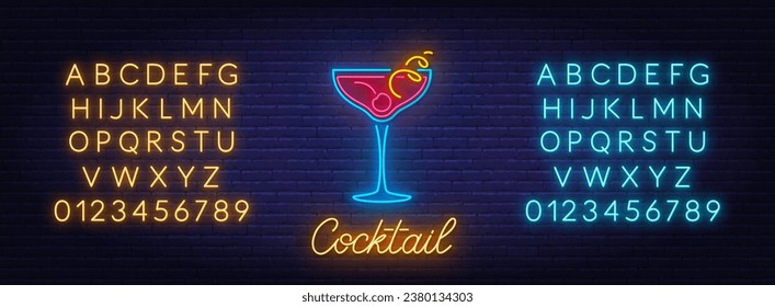 Cocktail neon sign on brick wall background.