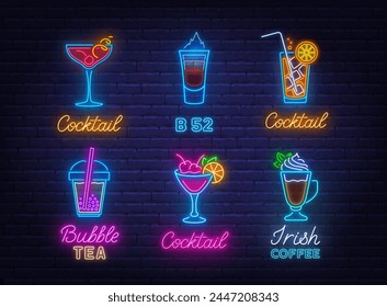 Cocktail Neon Sign Set on brick wall  background.