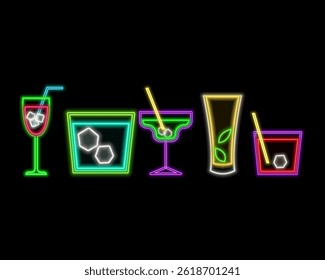 cocktail and neon sign. neon style drinks icons. various models.