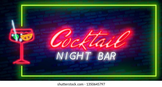 Cocktail neon sign vector design template. Night Club neon frame light banner design element, colorful modern design trend, night bright advertising, bright sign. Vector illustration