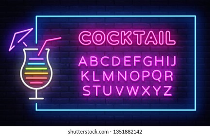 Cocktail neon sign vector design template. Night Club neon frame light banner design element, colorful modern design trend, night bright advertising, bright sign. Vector. Editing text neon sign