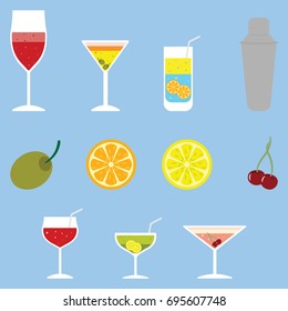 Cocktail objects. Colorful cocktail icons with various cocktails, fruits and shaker. Vector illustration.