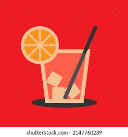 Cóctel de vidrio a la antigua con cubitos de hielo y rebanada de naranja. Bebida alcohólica con cáscara de cítricos. aperitivo italiano sobre las rocas. Ilustración vectorial en estilo retro de dibujos planos.