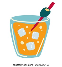 Cocktail with olive and ice. Alcohol drink. A glass of whiskey. Created for menu designs. Summer holiday, beach party and celebration. Vector illustration in flat cartoon style isolated.