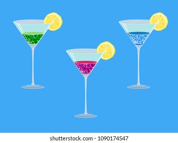 Cocktail with olive lemon. Vector Illustration set.