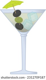 Cocktail with Olives and Ice Cubes. Vector Illustration of Summer Drink with Umbrella in Cartoon Style