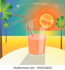 cocktail on the beach with a straw on the table under the palm trees and the sun on the edge of a cup k orange