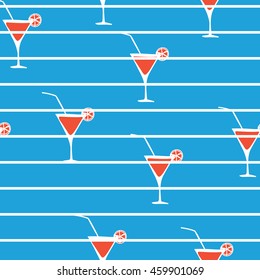 cocktail on blue background. Strips.Vector seamless pattern . Marine theme. 