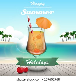 Cocktail on boardwalk width some cherries, islands and a see in the background.