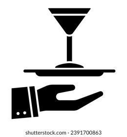 Cocktail on a tray solid icon, Bartenders Day concept, Serving drink sign on white background, Waiter hand holding tray with martini glass icon in glyph style for mobile. Vector graphics