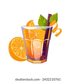 Cóctel con naranja y menta. Bebida refrescante de verano, limonada. Ilustración vectorial.