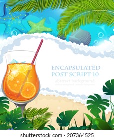  Cocktail with orange slice and ice cubes on tropical background